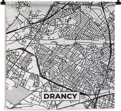 Wandkleed - Wanddoek - Plattegrond - Drancy - Kaart - Frankrijk - Stadskaart - Zwart wit - 180x180 cm - Wandtapijt