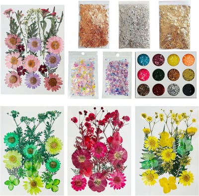64-delige DIY Set met Gedroogde Bloemen, Natuurlijke Bladeren, Goudfolie en Sequins voor Creatieve Knutselprojecten