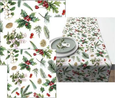 Ambiente servetten en tafelloper Kerst - Wintergroen - 2 pakjes 33x33cm en 25x25cm - tafelloper 40x150cm - wit groen rood - kerstservetten