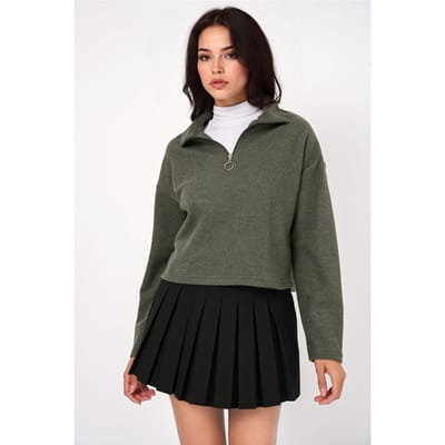 Ontspannen Fit Crop Sweater met Ritskraag