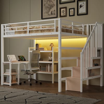 Hoogslaper - 140x200 - Metaal Hoogslaper Met Trap Bureau Opbergruimte USB LED - geïntegreerd bureau en opslag - Metaal - Wit