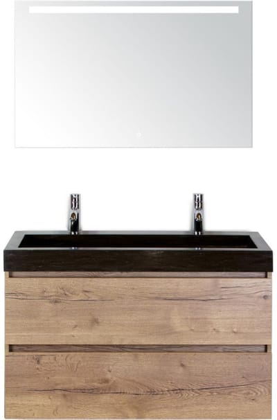 Maxx XL Badmeubelset 100 cm - Natuur Eiken - Wastafel Lucca 2 Kraangaten met LED Spiegel