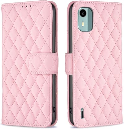 BINFEN Hoesje - Geschikt voor Nokia C12 Hoesje - BINFEN Rhombus Book Case - Pink