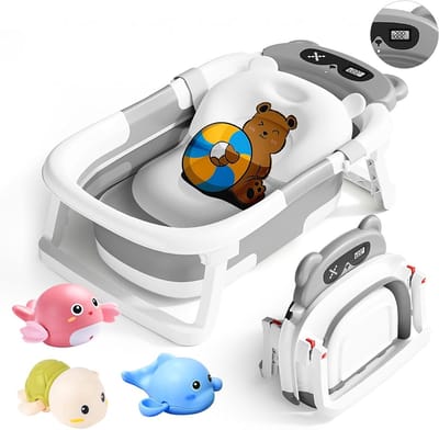 Vouwbare Babybadkuip met Thermometer, Badkussen en Afvoergat - Ideaal voor Pasgeborenen en Kinderen, Perfect Kraamcadeau