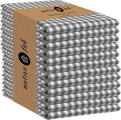 Gingham Keuken Theedoeken 12-Pack – Katoenen, Absorberend, Wasbaar, Duurzaam – Grijs/Wit