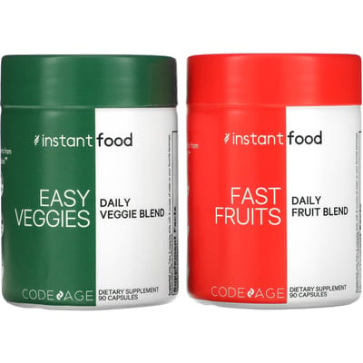 Codeage, Mélange de légumes quotidiens Easy Veggies / Mélange de fruits quotidiens Fast Fruit, 2 flacons, 90 capsules chacun