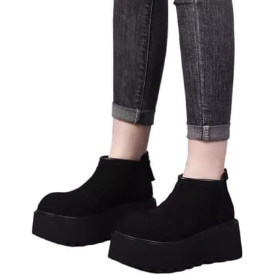Hoge Kwaliteit Dames Schoenen Rits Achter Dames Laarzen Mode Ronde Neus Moderne Laarzen Dames Hete Verkoop Effen Platform Enkellaarsjes 40 zwart