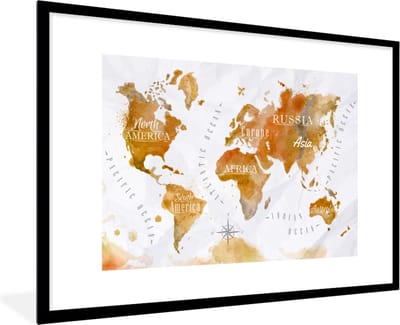 Poster in lijst - Fotolijst 120x80 cm - Posters - Wereldkaart - Bruin - Verf - Posterlijst zwart - Decoratie - Wanddecoratie woonkamer - Muurdecoratie slaapkamer