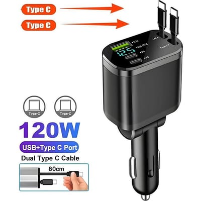 Intrekbare Autolader, 4 in 1 Snel Opladende Autolader 120W, Type C Dubbele USB-poorten Autolader Adapter Voor IPhone Huawei LG