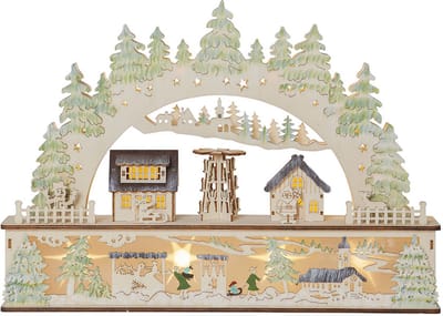 Star Trading Grote LED kaarsenboog 'Bamberg' van hout met kersttafereel, batterijen + timer, naturel, warm wit, B 45 cm