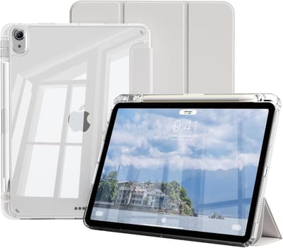Hoes Geschikt voor iPad Air 11 inch hoes Grijs / iPad Air M4 / M3 (2025 2026) hoes Smart Case met Harde Doorzichtige Achterkant en Pencil Slot - iPad Pro 11 Inch 2022/2021/2020/2018/ iPad Air 5th/4th Generation Tri Fold Tablet