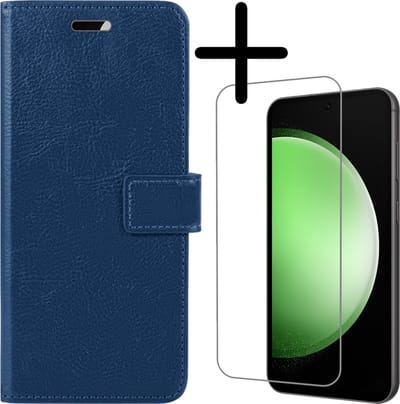 Hoesje Met Screenprotector - Geschikt voor Samsung Galaxy S23 FE - Luxe Pasjeshouder - Bookcase Portemonee - Flip Case - Kunstleer Book Case - Flipcase - Book Cover - Walletcase - Portemonneehoes - Donkerblauw