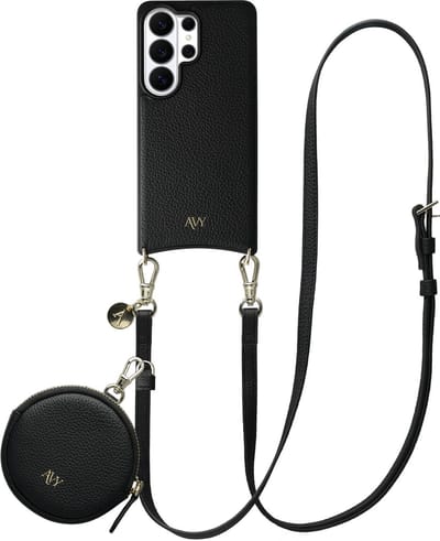 AVY Leren Hoesje geschikt voor Samsung Galaxy S26 Ultra | Met Koord en Mini Telefoontasje | Compatibel met MagSafe | Leather Case met 130CM Koord & Pouch | Long Leather | Zwart
