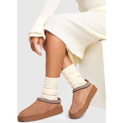 boohoo Dames Geborduurde Gezellige Mules | Mocha | Maat: 3