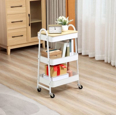 MEUNIQ Keukentrolley 45 x 31 x 79,4 cm met 3 etages, deksel, draadmanden en 4 wielen met 2 remmen, metalen rollwagen voor keuken of kantoor, wit