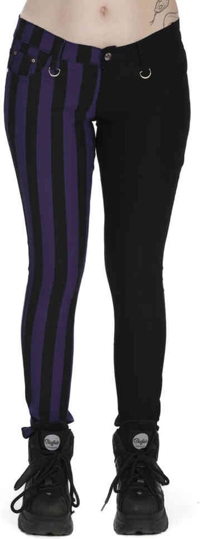 Banned - Half Black Half Striped Skinny fit broek - XL - Paars/Zwart