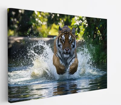 Saammp Canvas Schilderij - Tijger in het water - Natuur - Dieren - 45x30 - Foto op canvas - Wanddecoratie - muurdecoratie Woonkamer - Slaapkamer decoratie - Canvas Print
