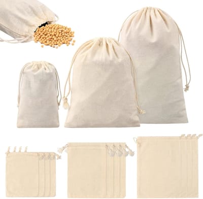 12 Stuks Natuurlijke Katoenen Tassen, Kleine Trekkoordzakjes voor Sieraden en Cadeaus, Beige, 10 x 15 cm en 15 x 20 cm