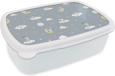 Broodtrommel Wit - Lunchbox - Brooddoos - Muis - Maan - Patronen - 18x12x6 cm - Volwassenen