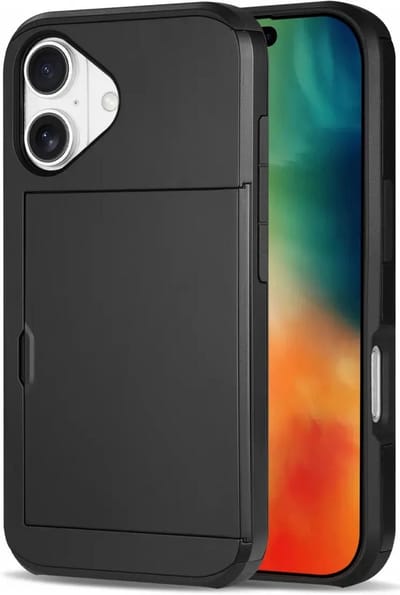 Hoesje met Kaarthouder Slider Geschikt voor Apple iPhone 16 Plus | Back Cover Pasjeshouder Achterkant | Kaarthouder voor Twee Pasjes | Zwart