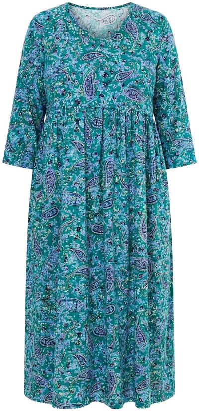 Ulla Popken - Dames - Jersey jurk paisley A-lijn V-hals 3/4-mouwen - Smaragd - Maat 46+