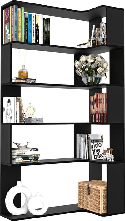 PIPIPOXER-Boekenkast met 6-Laags - L-vormige Hoek Boekenkast Industrieel - Open Opbergplanken voor Woonkamer, Slaapkamer, Thuiskantoor - 90x48x169cm - Zwart