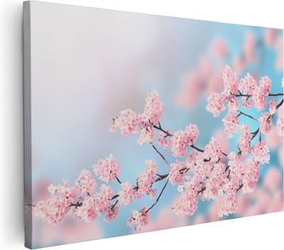 Artaza Canvas Schilderij Bloemen - 30x20 cm - Klein - Muurdecoratie Bloesem Tak - Wanddecoratie Woonkamer - Kamer Accessoires Roze