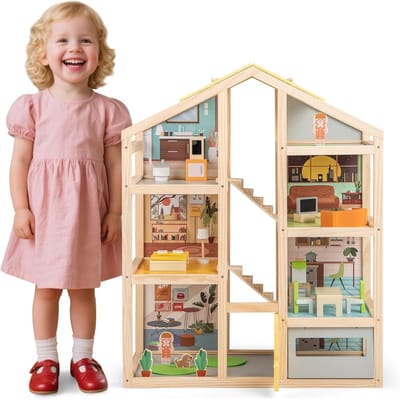 Houten Poppenhuis met Meubels en Figuren, 3 Verdiepingen en Garage