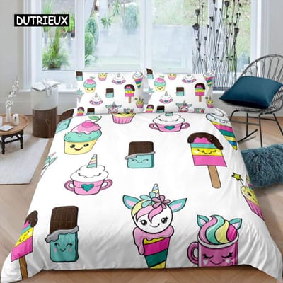 Cartoon Taart Koning Koningin Dekbedovertrek Dessert Cupcake IJs Beddengoed Set Kind Fijne Verjaardag Polyester Dekbedovertrek Kinderen Cadeaus US King(264x228cm)