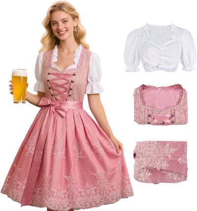 Vrouwelijke Midi Kostuumjurk met Blouse en Schort voor Oktoberfest en Feestelijke Gelegenheden