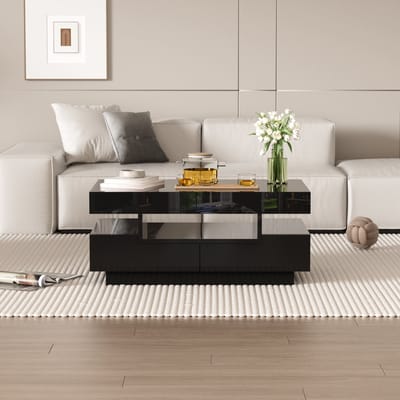 Wishdor Koffietafel hoogglans zwart met instelbare LED‑lichtlijn, 4 laden & 3 open vakken, 80×50×36 cm, modern