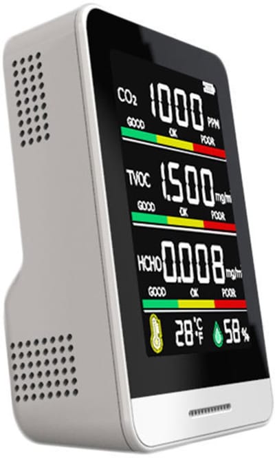 Witte slimme 5-in-1 binnenluchtkwaliteitsdetector, meet koolstofdioxide CO2, TVOC, formaldehyde HCHO, omgevingstemperatuur en relatieve luchtvochtigheid, realtime dataweergave, geschikt voor thuisgebruik en kantoor