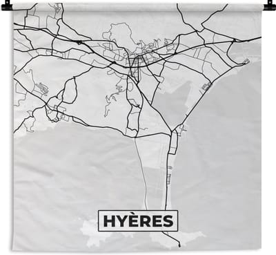 Wandkleed - Wanddoek - Stadskaart - Plattegrond - Hyères - Kaart - Frankrijk - Zwart wit - 180x180 cm - Wandtapijt