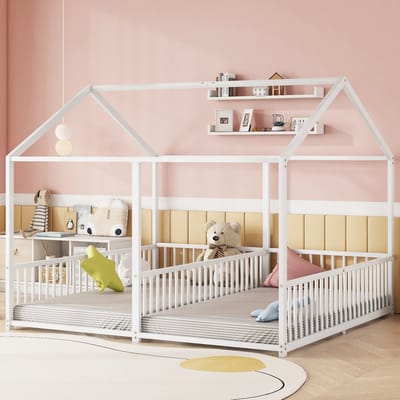 REDOM Kinderbed 90x200 cm van metaal – Huisvorm met veiligheidshek en ladder – Wit – 2 slaapplaatsen