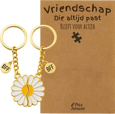 BFF Sleutelhanger voor 2 'Vriendschap die altijd past' - Magnetische Bloem - Sleutelhanger set op Cadeau Kaartje - Goudkleurig - Vriendschap Symbool - Pax Amare