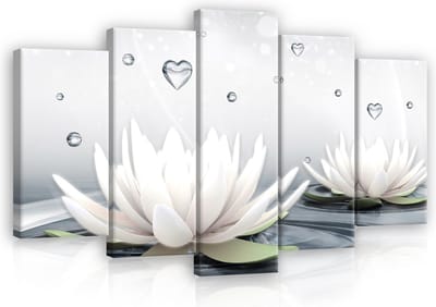 Canvas Schilderij - Waterlelies - Bloemen - Water - Planten - Hartje - Inclusief Frame - 100x60cm (lxb) - Wit - 5 Luiks