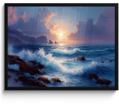 Poster in lijst - Fotolijst 70x50 cm - Posters - Golven - Zee - Kleurrijk - Rotsen - Posterlijst zwart - Decoratie - Wanddecoratie woonkamer - Muurdecoratie slaapkamer