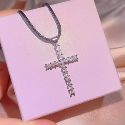 Mode Dames Ketting Micro Gezet Zirkonia Kruis Ins Verguld 18k Goud Hanger met Doosketting Trend gray