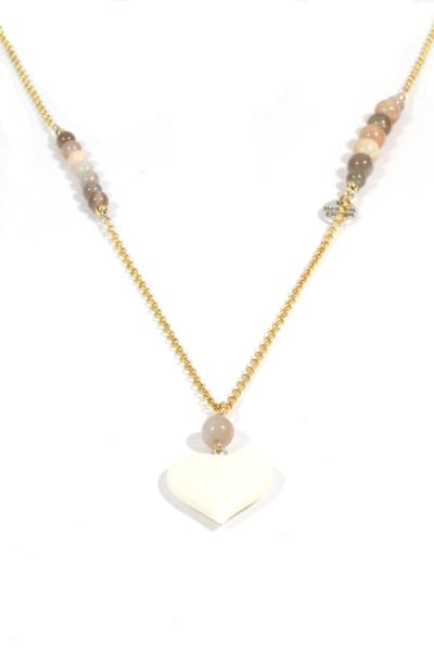 Heaven eleven - dames ketting goudkleurig plating - zonnesteen kralen - Wit hertegewei hart met de handgemaakt - 74cm