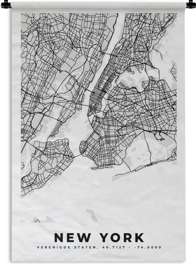 Wandkleed - Wanddoek - New York - Stadskaart - Zwart Wit - Plattegrond - Kaart - 120x180 cm - Wandtapijt