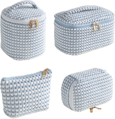 KZQ Vierdelige make-uptas/set, reisorganizer, corduroy make-uptas, make-uptasje, mooie toilettas, cadeau voor vrouwen en meisjes (blauw)