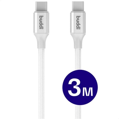 Buddi Flex - USB-C naar USB-C Kabel 60W Fast Charge 20V/3A | Power Delivery - 480Mbps Dataoverdracht - Gevlochten Nylon - 3M Wit