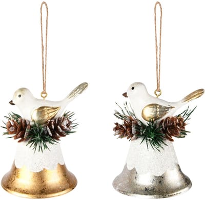 Dekoratief | Hanger bel m/vogeltje, wit/goud/zilver, metaal, 6x6x7cm, set van 2 stuks | A255763