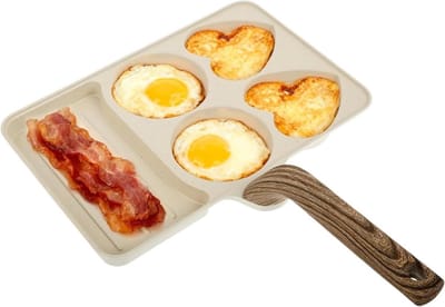 Eierpan met 5 kamers - Ontbijtpan Koekenpan - Ontbijt Koken - Afneembaar houten handvat - 35.5 x 27.5 cm - Crèmekleurig