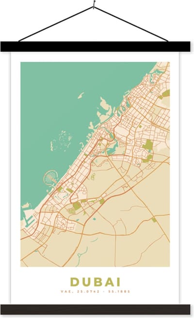 Posterhanger incl. Poster 40x60 cm - Schoolplaat - Dubai - Stadskaart - Plattegrond - Vintage - Kaart - Textielposter - Zwarte latten - Stadskaart