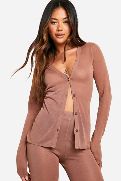 boohoo Dames Sheer Fijn Gebreid Overhemd En Wijde Broek Set | Camel | Maat: 38