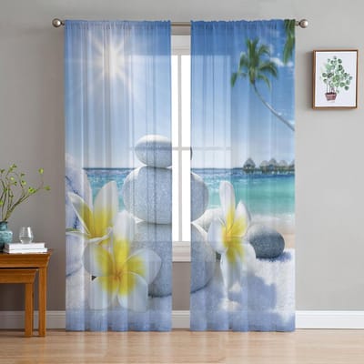 Rideaux en Tulle Fleurs Orchidées Pierres Zen Bambou Vert pour Décoration Salon Chambre à Coucher Voilage Transparent Voile Rideau de Fenêtre 1 PCS W100XH250cm&Grommet Top gray