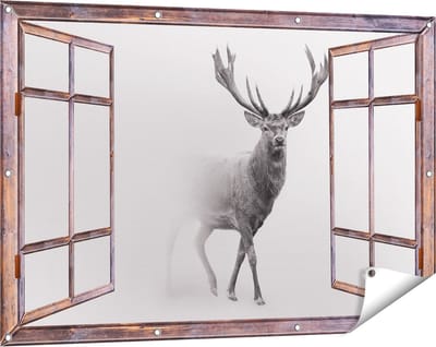 Gards Tuinposter Doorkijk Hert - Zwart Wit - 120x80 cm - Tuindoek - Tuindecoratie - Wanddecoratie buiten - Tuinschilderij