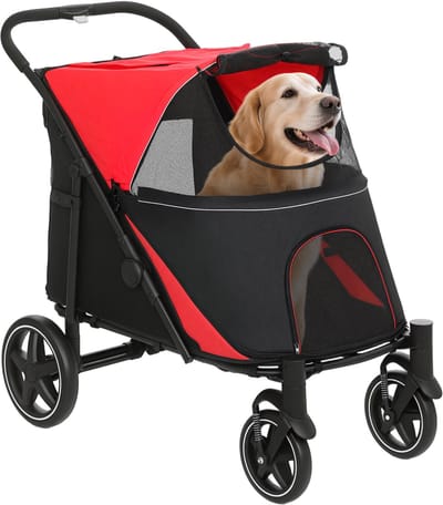 PawHut Hundewagen, Hundebuggy mit Kissen, faltbarer Hundetrolley, Katzenbuggy für große und mittelgroße Hunde, Hundetrolley mit Netzfenster, Sicherheitsleinen, Tasche, Oxfordstoff, Rot