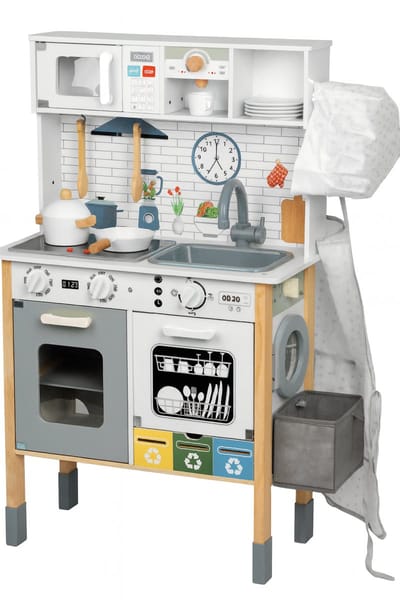 Houten Speelkeuken – 26 Accessoires – Met Licht & Geluid, Kookknopjes, Schort, Muts & Mandje – Achterzijde met Krijtbord & Wereldkaart – 60 × 30 × 96 cm